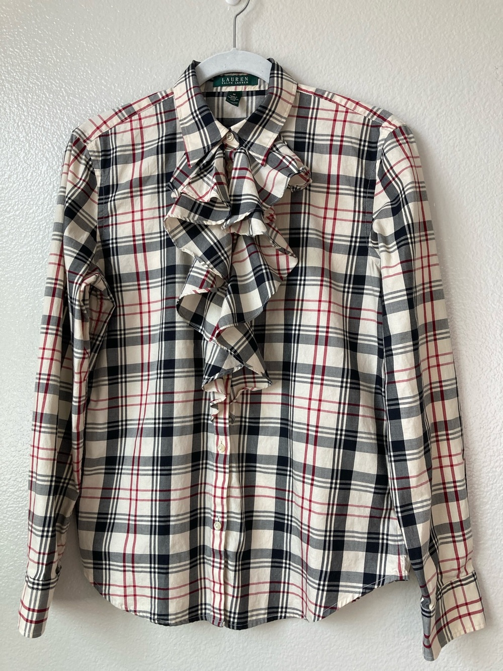 Lauren Ralph Lauren Ruffle Plaid button front Long Sleeve Top Blouse Preppy M